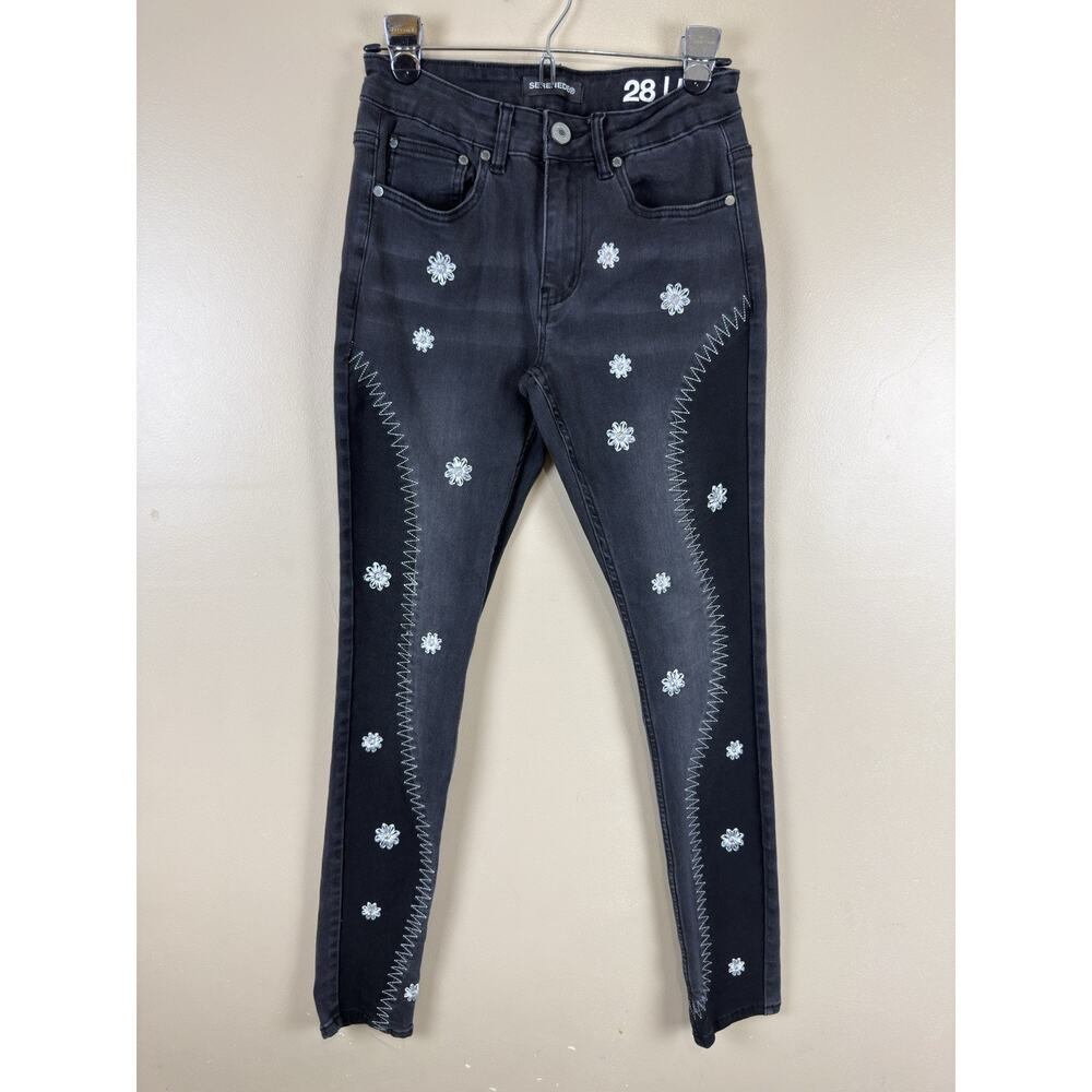 Serenede Men's Size 28 Black Skinny Jeans Floral Embroidered Distressed Denim